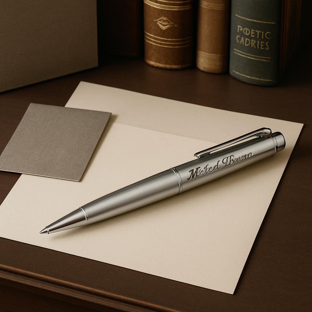 The image depicts a silver ballpoint pen with engraved text, "Midford Town", lying across a sheet of white stationery. The...