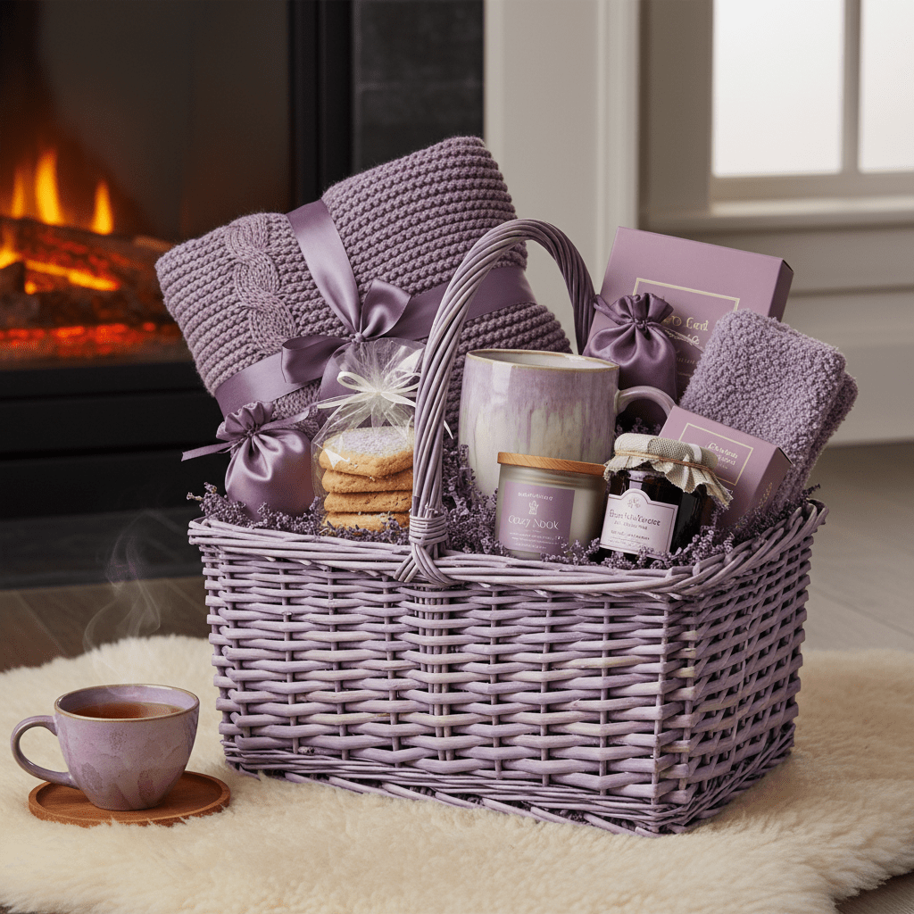 A lavender-themed gift basket filled with a blanket and treats near a glowing fireplace.