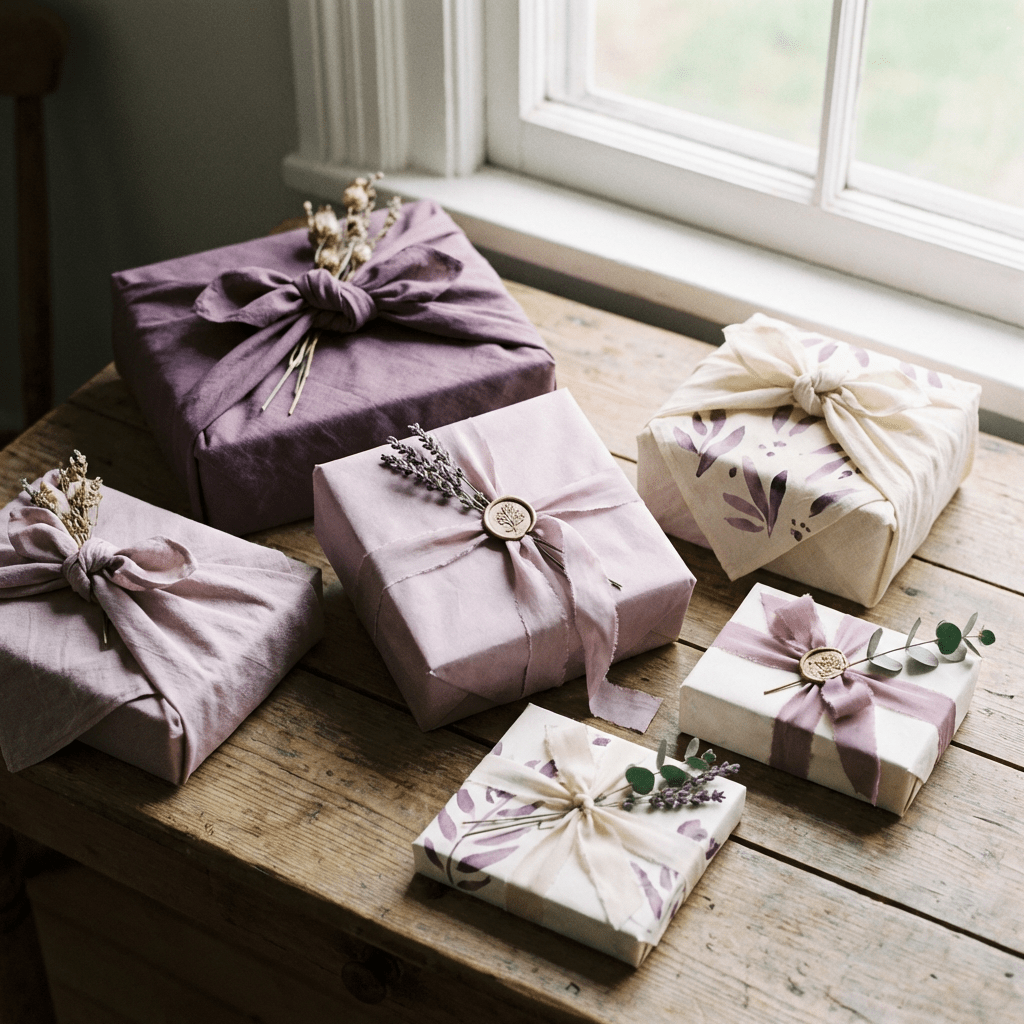 Assorted gift boxes wrapped in fabric and botanical paper, decorated with ribbons and dried flowers.