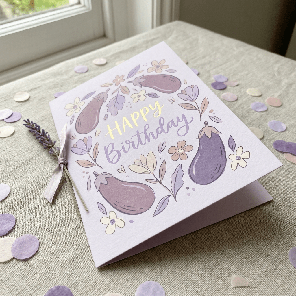 A purple card with text "HAPPY Birthday" surrounded by illustrated eggplants and flowers.