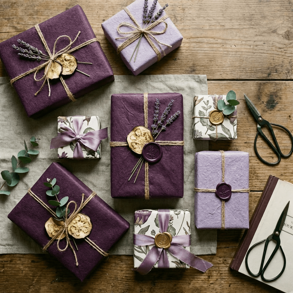 Several elegantly wrapped purple and floral gift boxes adorned with lavender and wax seals on wood.