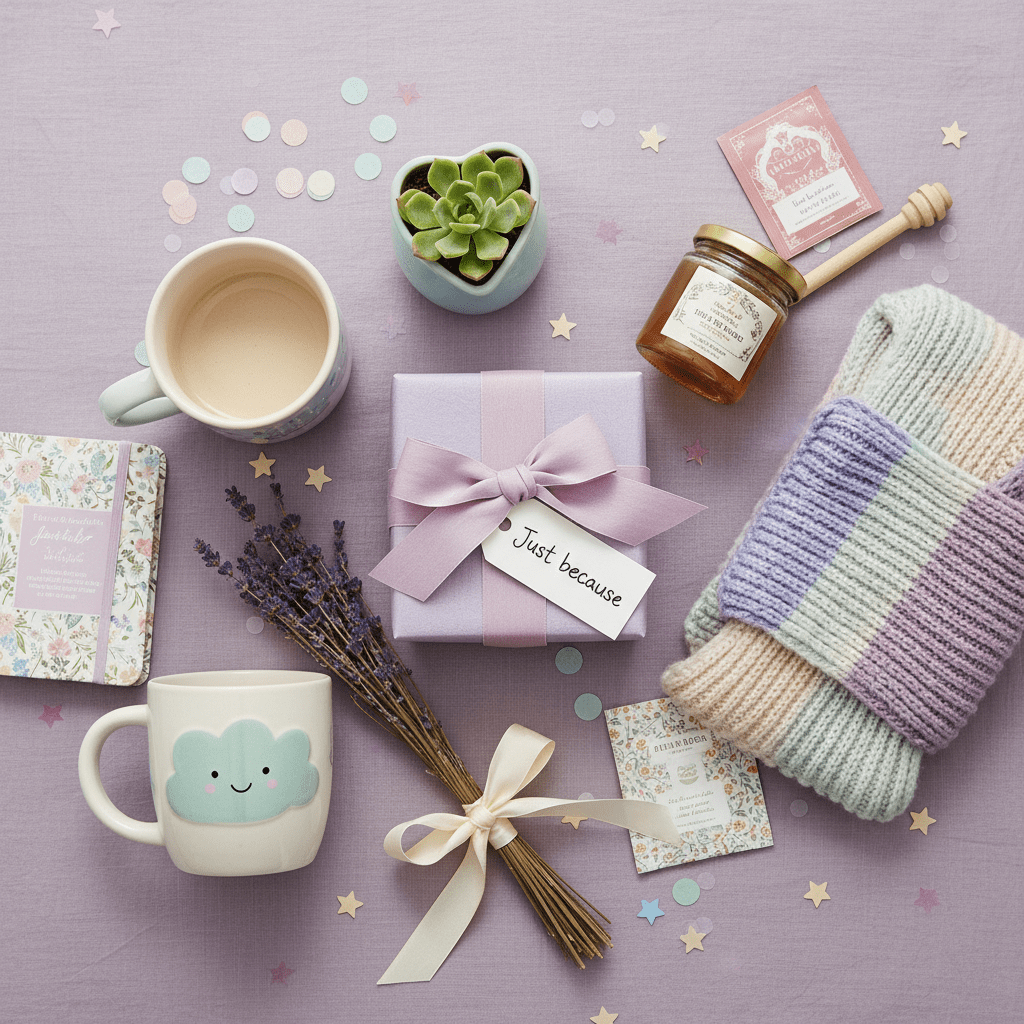 Flat lay arrangement of gifts featuring a purple box tagged "Just because," mugs, and dried lavender.