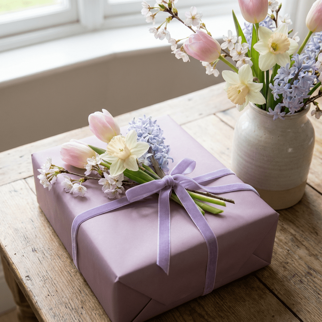 Lavender wrapped gift on a wooden table decorated with a small bouquet of spring flowers.