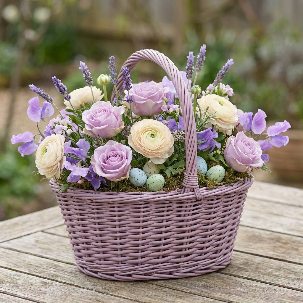 Purple wicker basket filled with pastel roses, ranunculus, lavender, and small speckled Easter eggs.