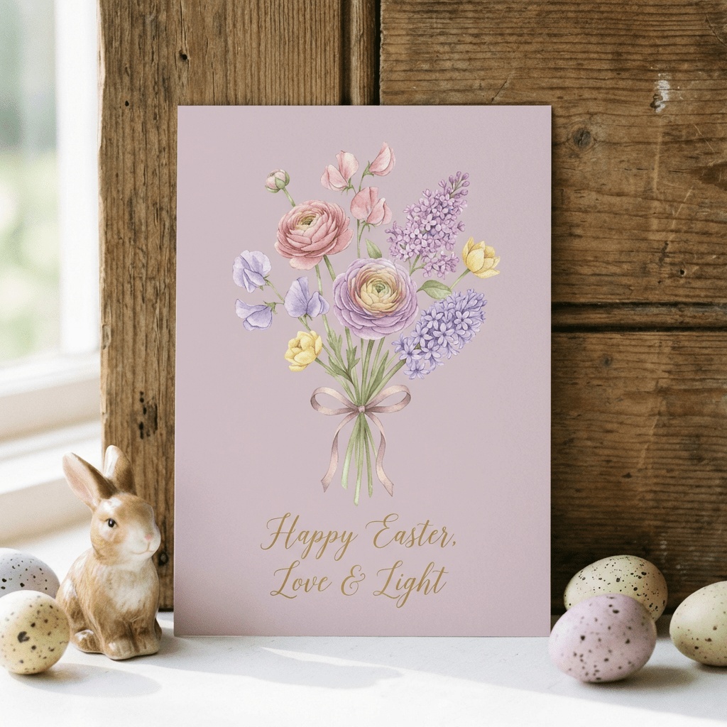 Easter card with a floral bouquet and text: Happy Easter, Love & Light.