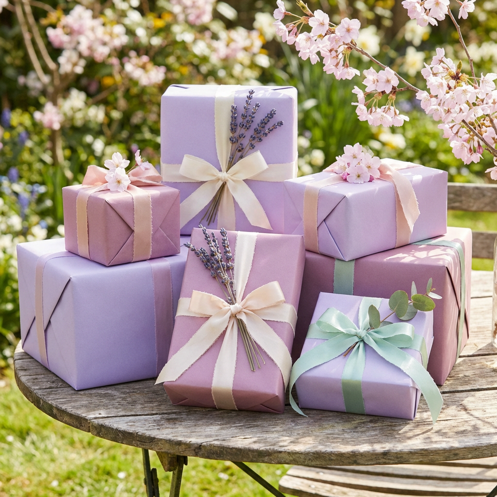 Lavender and purple gift boxes decorated with ribbons and flowers on a garden table.