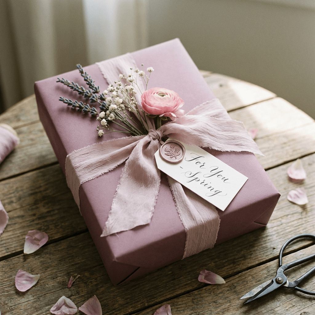 Mauve gift box decorated with flowers and a tag reading "For You - Spring".