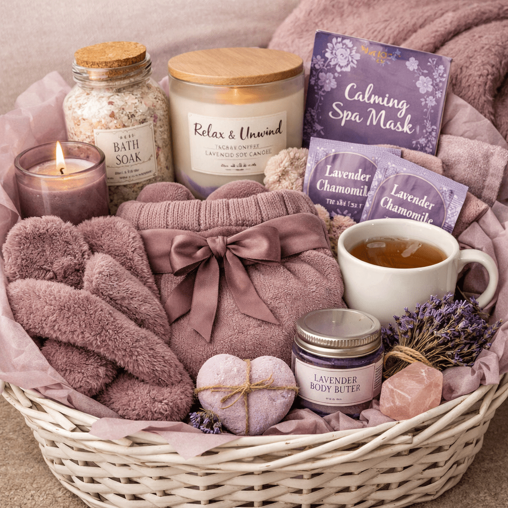Gift basket with lavender bath soak, candle, tea, body butter, spa mask, slippers, and towel