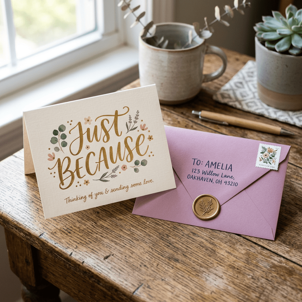 'Just Because' greeting card with floral decoration next to a lavender envelope addressed to Amelia