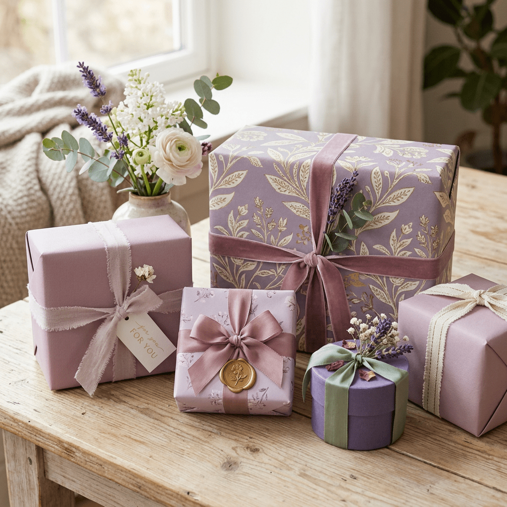 Five purple-toned gift boxes wrapped with ribbons and dried flowers on a wooden table
