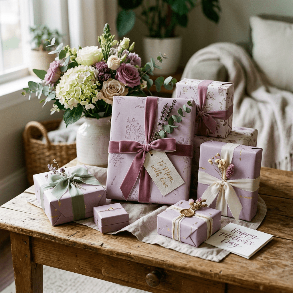 Mother's Day gifts wrapped in soft pink and purple paper with ribbons and a bouquet of flowers