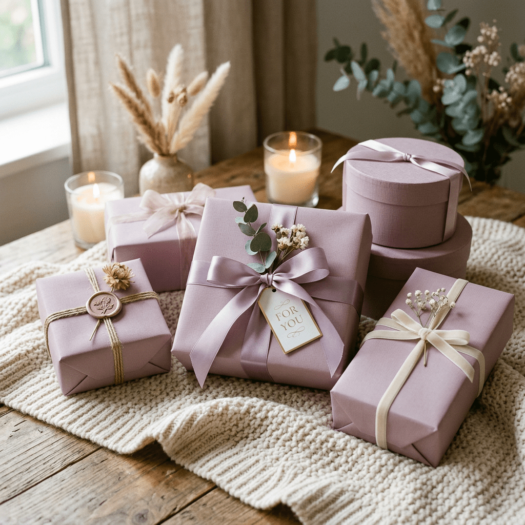 Pastel pink wrapped gifts with ribbons and dried flowers on knitted cloth