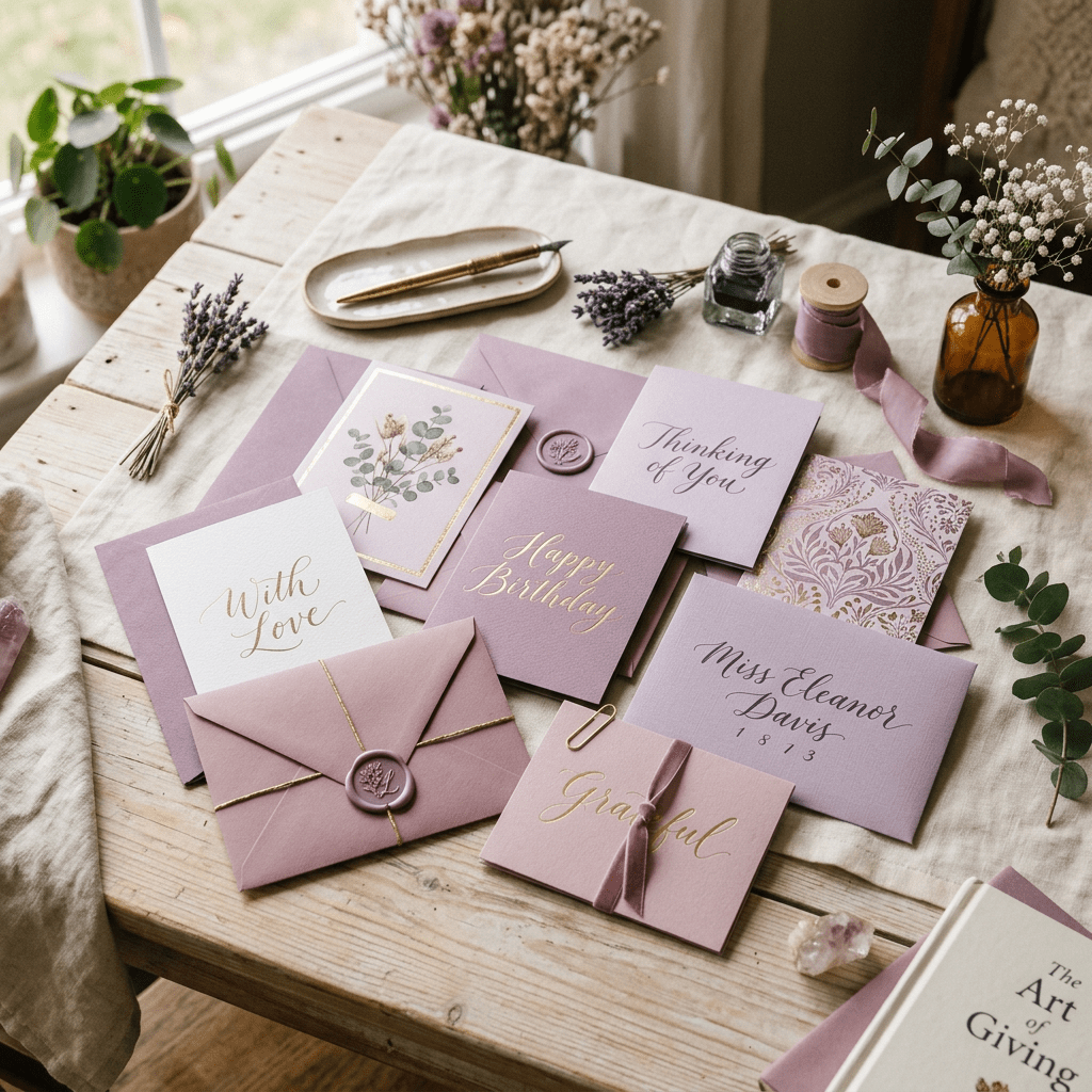 Mauve greeting cards and envelopes with gold lettering and floral designs