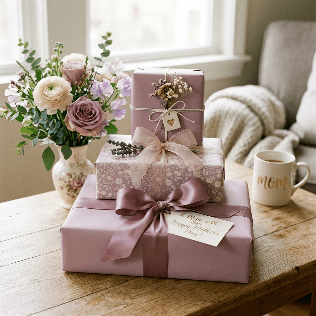 Stack of pink and floral wrapped gifts with ribbons, a vase of flowers, and a mug labeled 'mom'