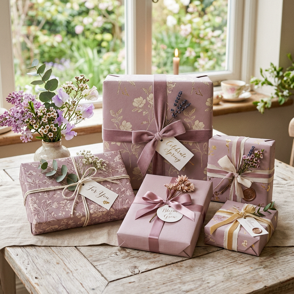 Five gifts wrapped in floral patterned pink paper with ribbons and flower decorations