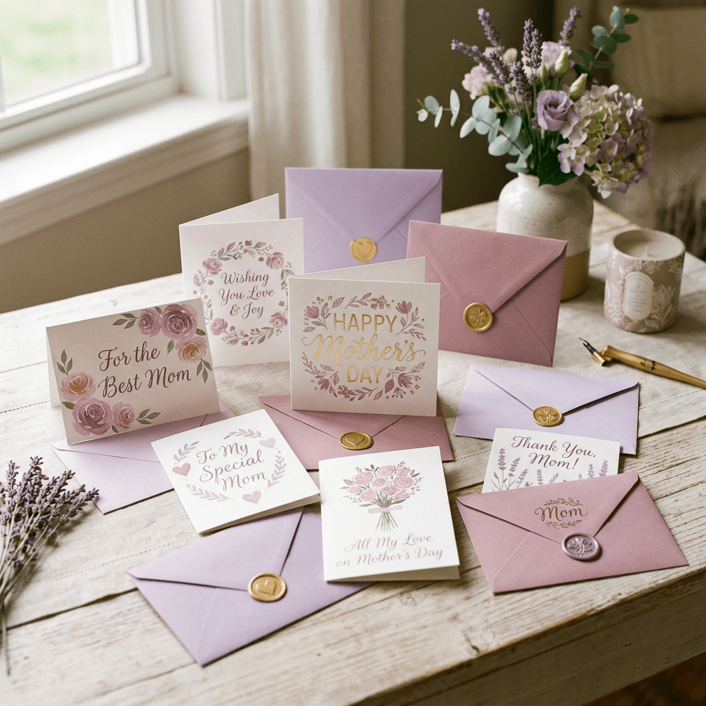 Assorted Mother's Day greeting cards with floral designs and pastel envelopes sealed with wax stamps.