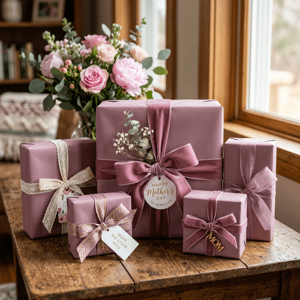Several neatly wrapped Mother's Day gifts in pink and mauve with ribbons and tags