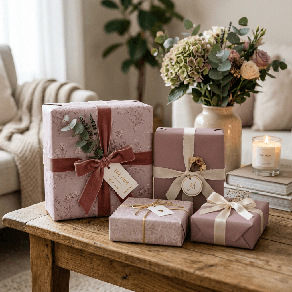 Four pink and mauve wrapped gifts with ribbons and tags on a wooden table beside a floral bouquet and candle