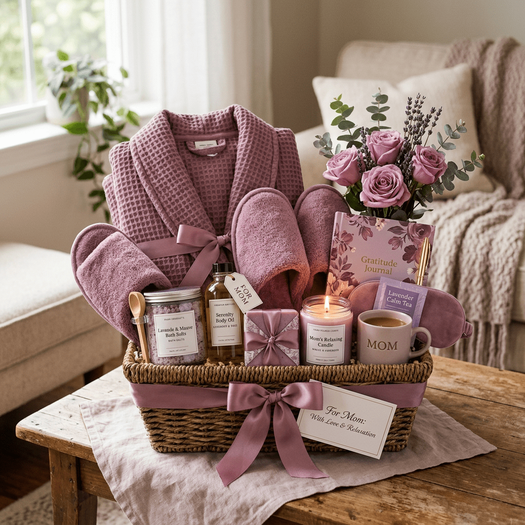 Gift basket with bathrobe, slippers, candle, journal, flowers, and tea for mom's relaxation