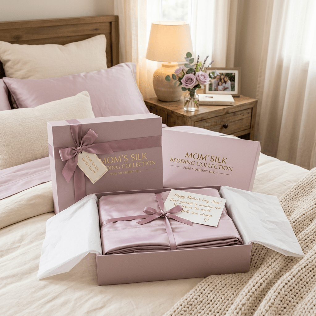 Opened gift box with pink silk bedding and a Mother's Day note, set on a bed with soft pillows and a bedside table with a lamp and flowers