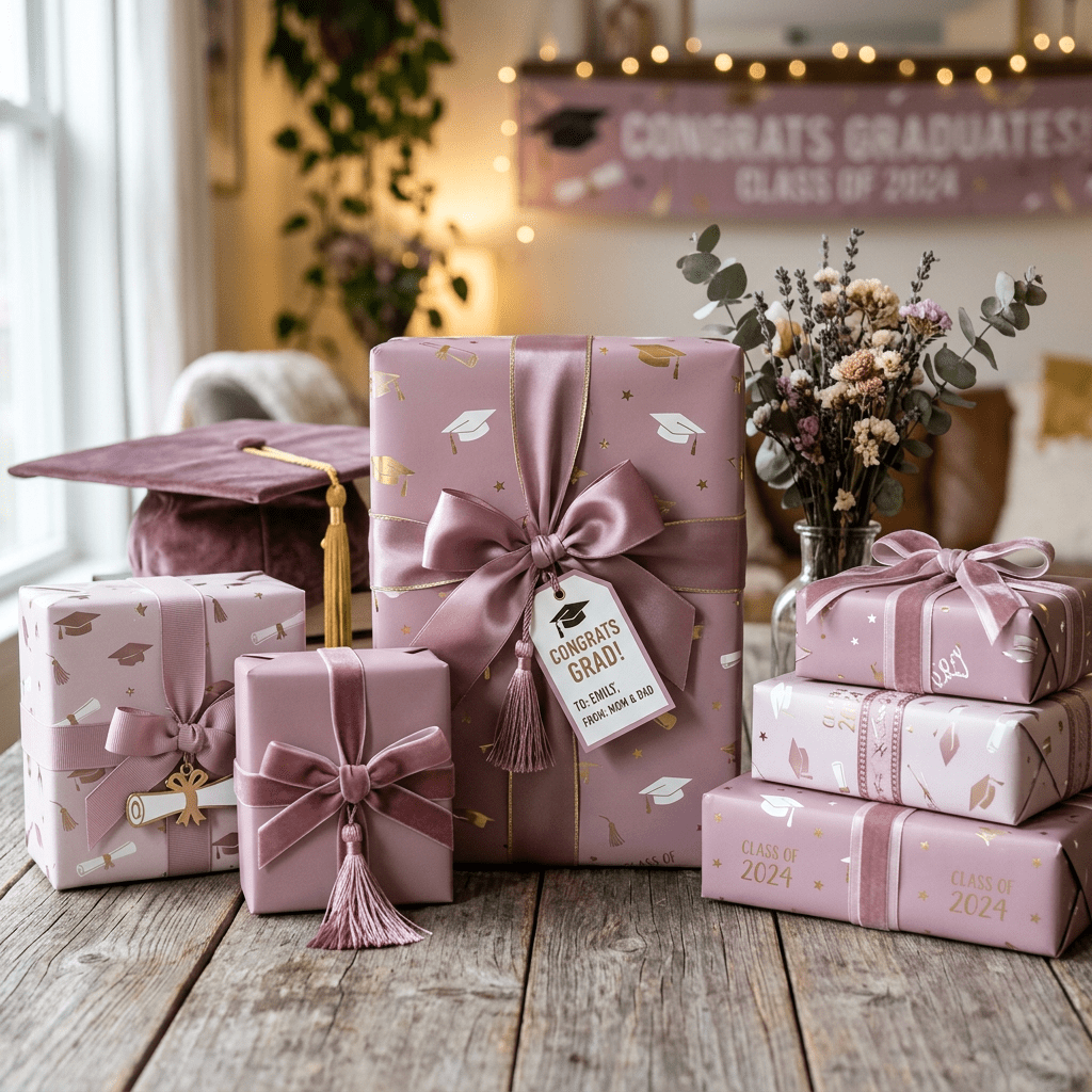 Wrapped graduation gifts with purple wrapping paper, decorated with ribbons and graduation-themed designs