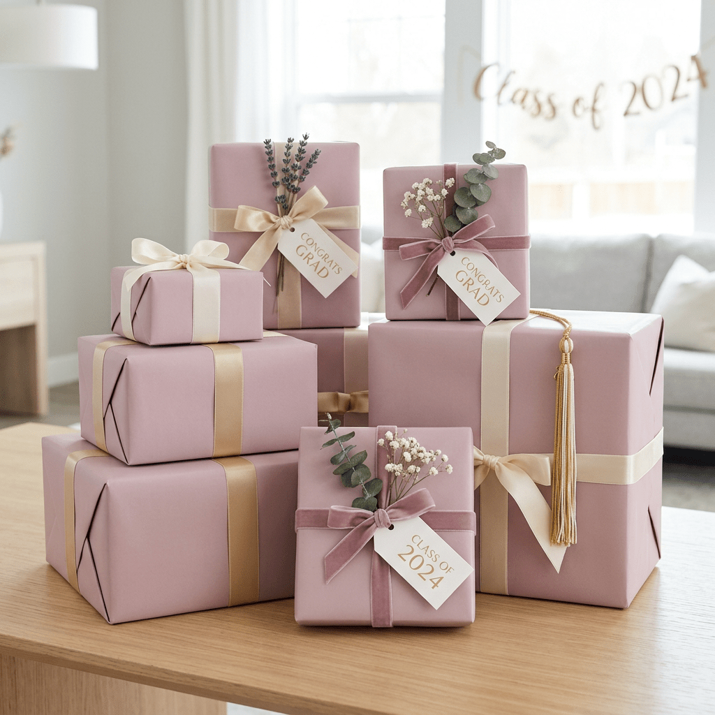 Graduation gifts wrapped in mauve paper with ribbons, tags, and decorative foliage