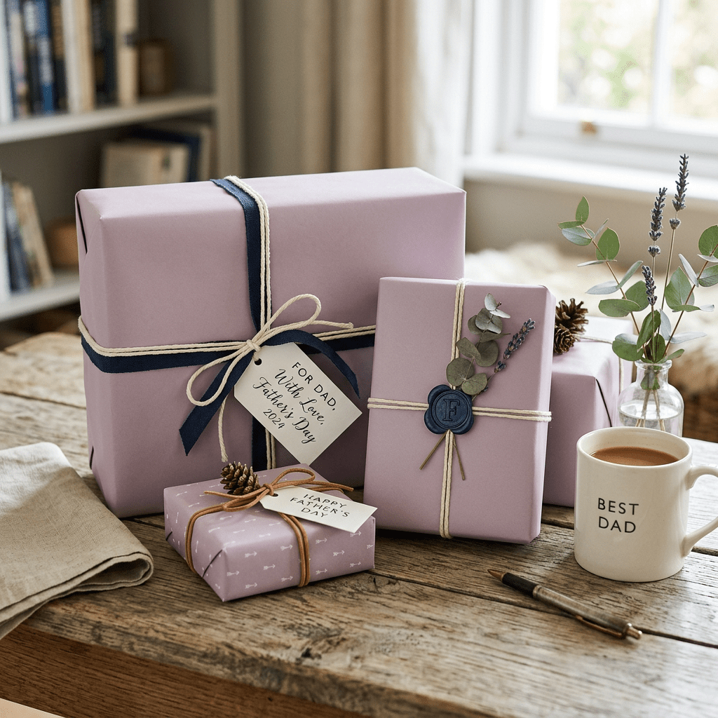 Father's Day gifts wrapped in lavender paper with tags, a coffee mug labeled 'Best Dad', and a small vase with greenery