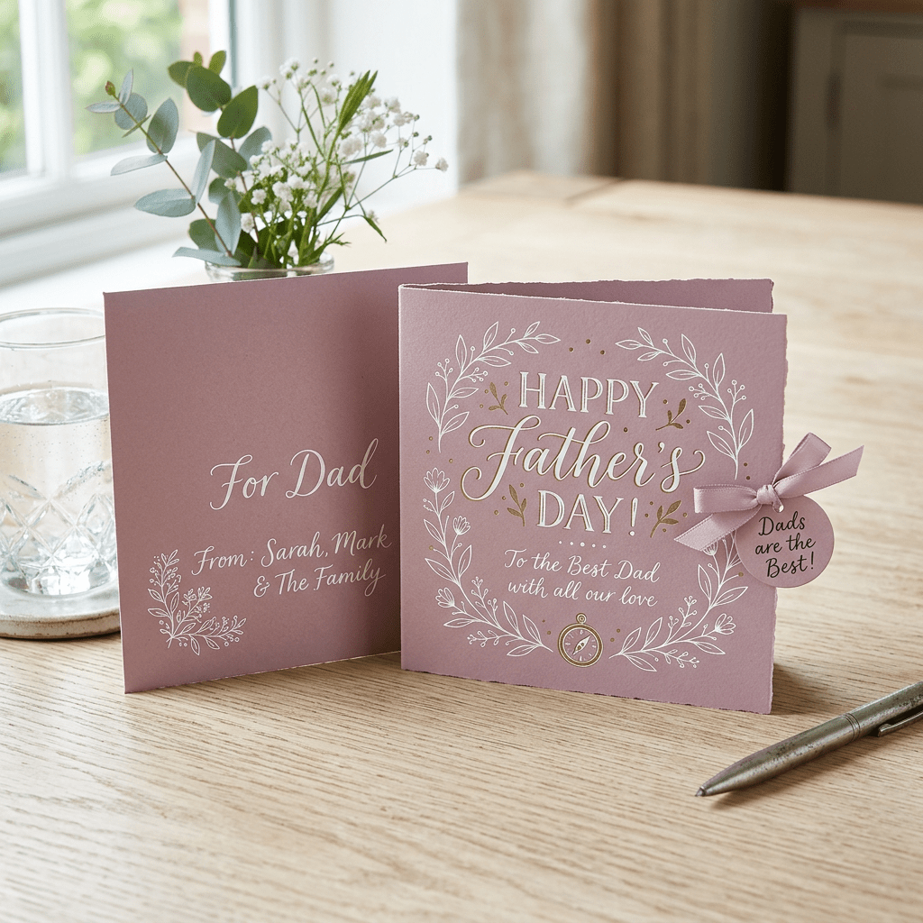 Pink Father's Day card reading 'Happy Father's Day! To the Best Dad with all our Love' with matching envelope