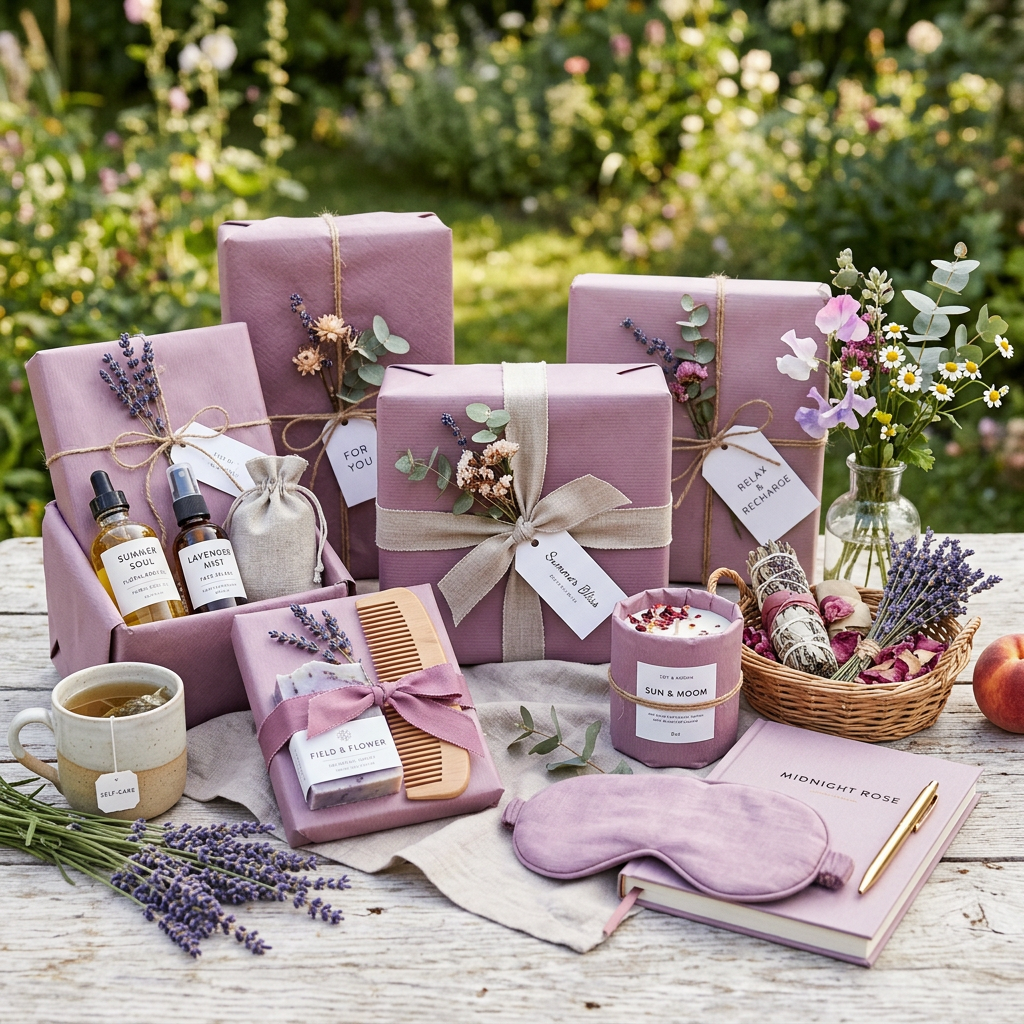 Lavender-themed self-care gift set with wrapped packages, essential oils, candle, and eye mask