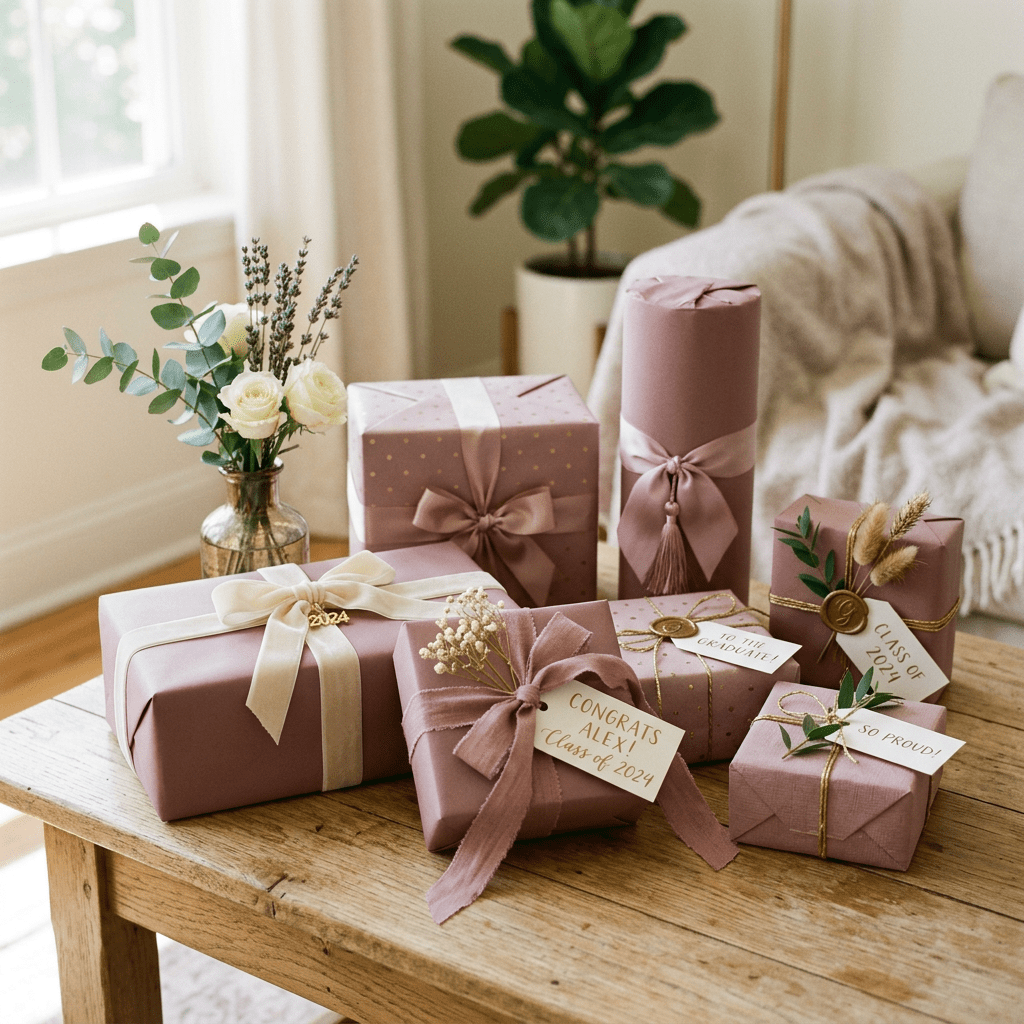Various pink and mauve wrapped graduation gifts with ribbons and congratulatory tags on a wooden table