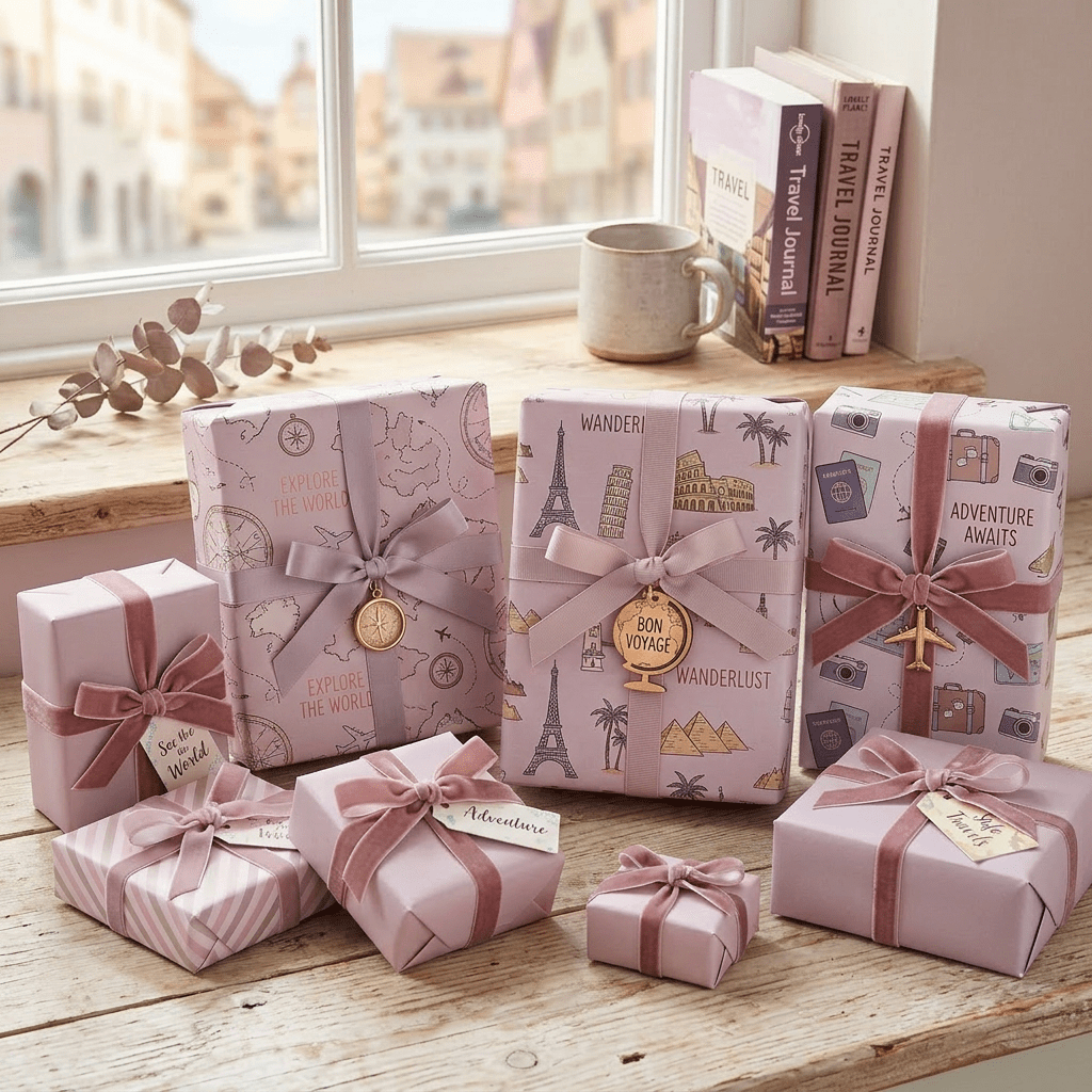 Various pastel pink travel-themed wrapped gifts with ribbons and travel-related tags