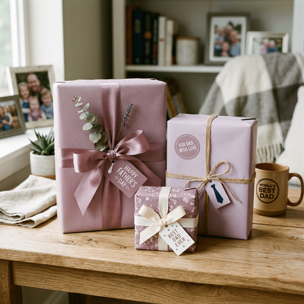 Three wrapped Father's Day gifts with decorative tags and ribbons on a wooden table
