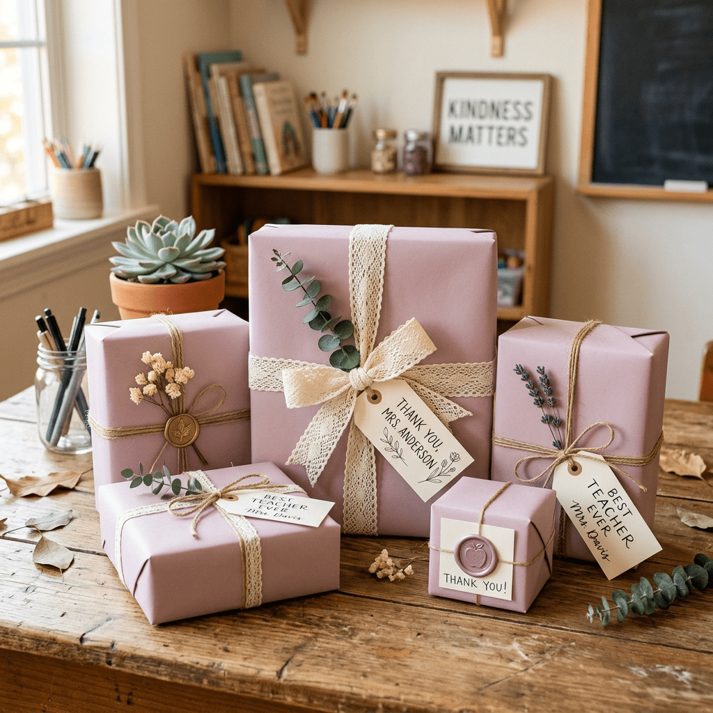 Five pastel pink wrapped gifts with thank you tags and decorative accents on a wooden table