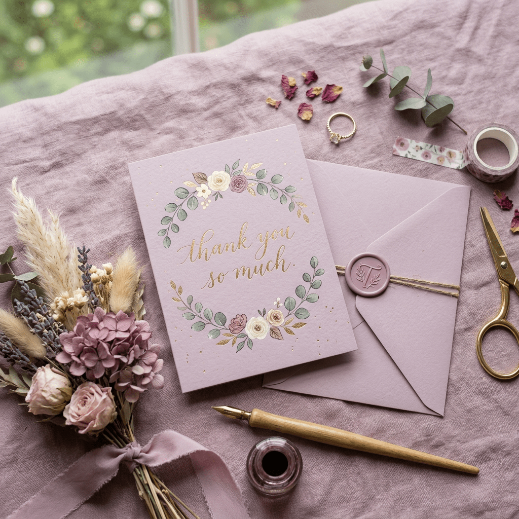 Thank you card with floral wreath design on lavender background with envelope, dried flowers, ink pen, and ring