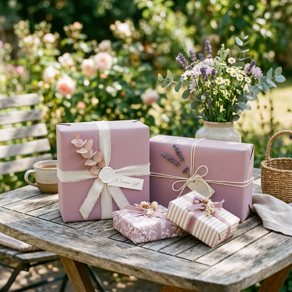 Lavender and pink wrapped gifts with ribbons and dried flowers on wooden table