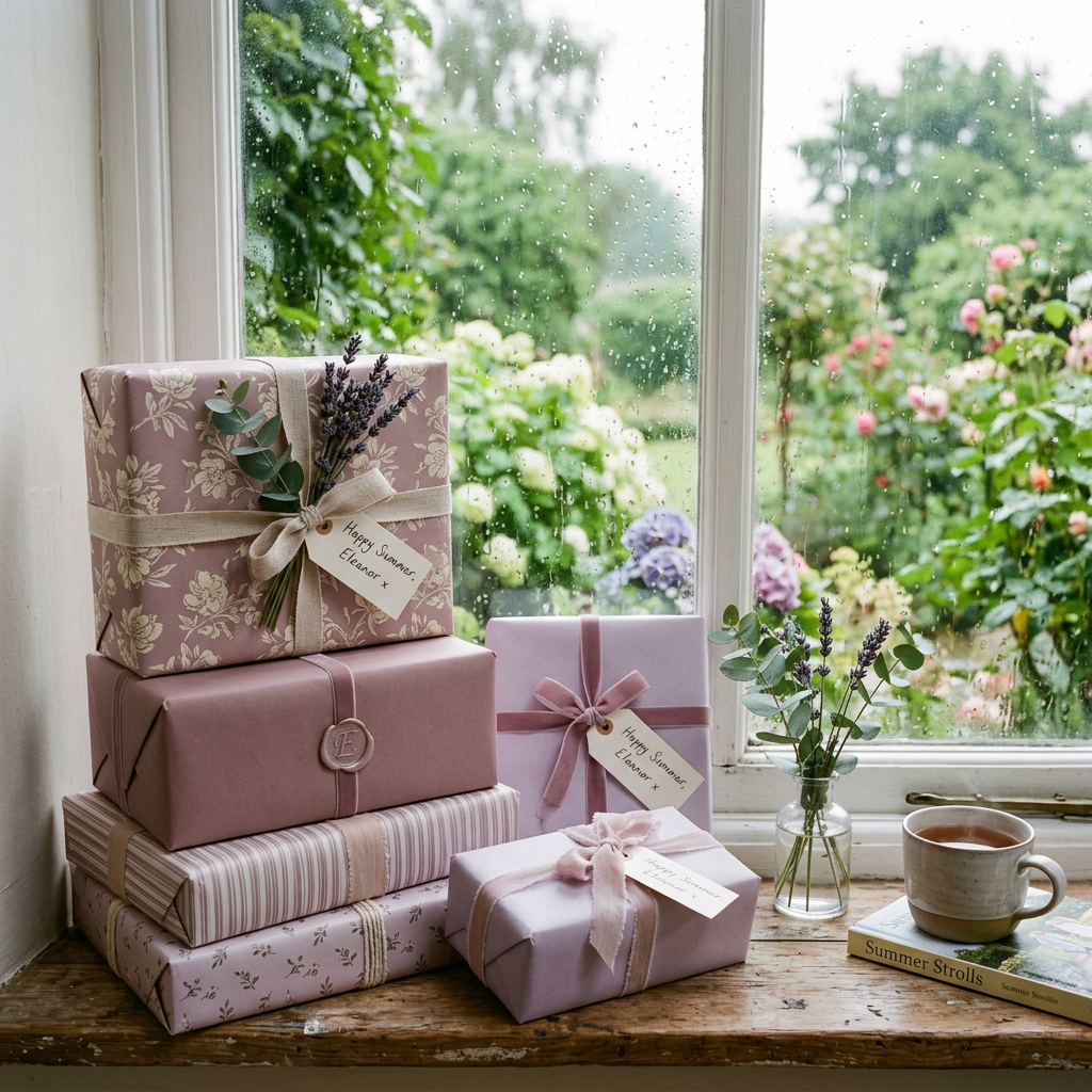 Stack of pastel-wrapped gifts with tags, vase with flowers, tea cup on wooden windowsill