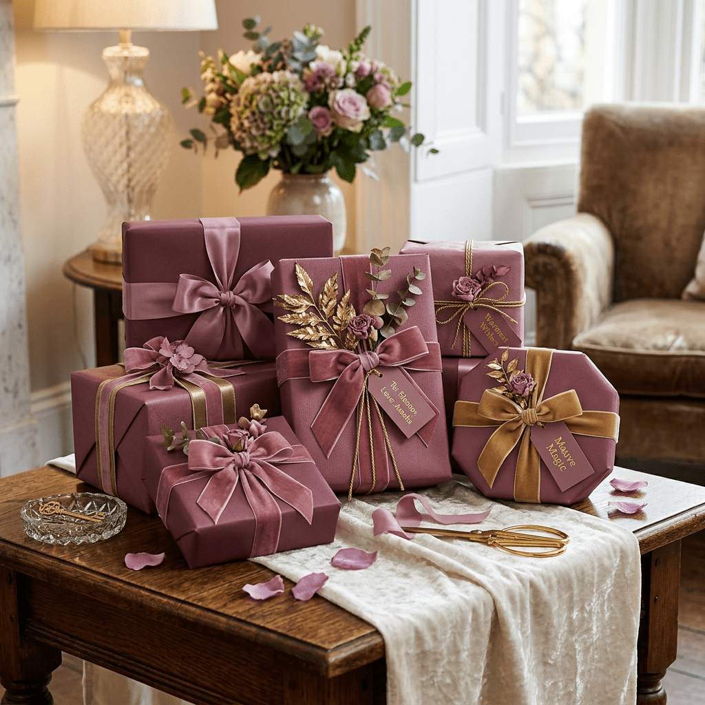 Various mauve-colored gift boxes decorated with ribbons, flowers, and gold leaves