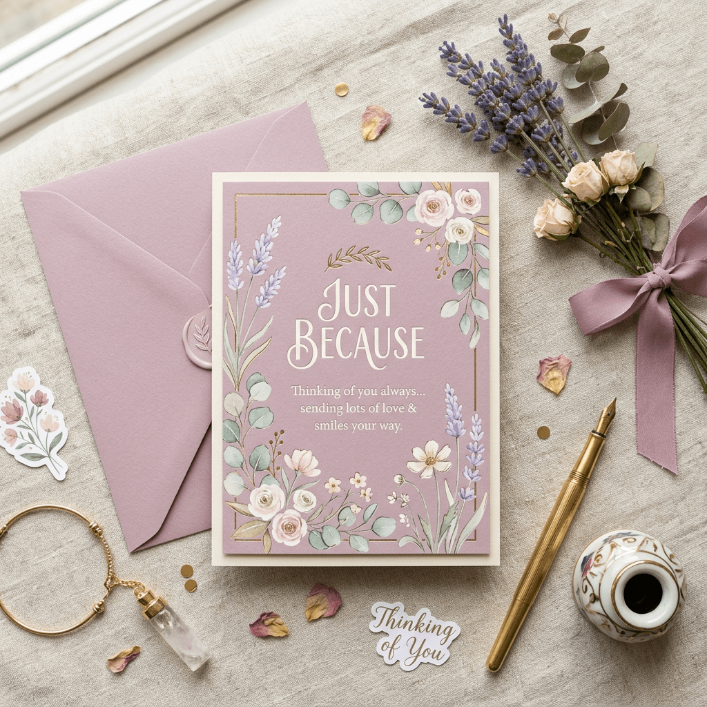 Greeting card reading 'Just Because Thinking of you always sending lots of love & smiles your way' with floral illustrations and envelope