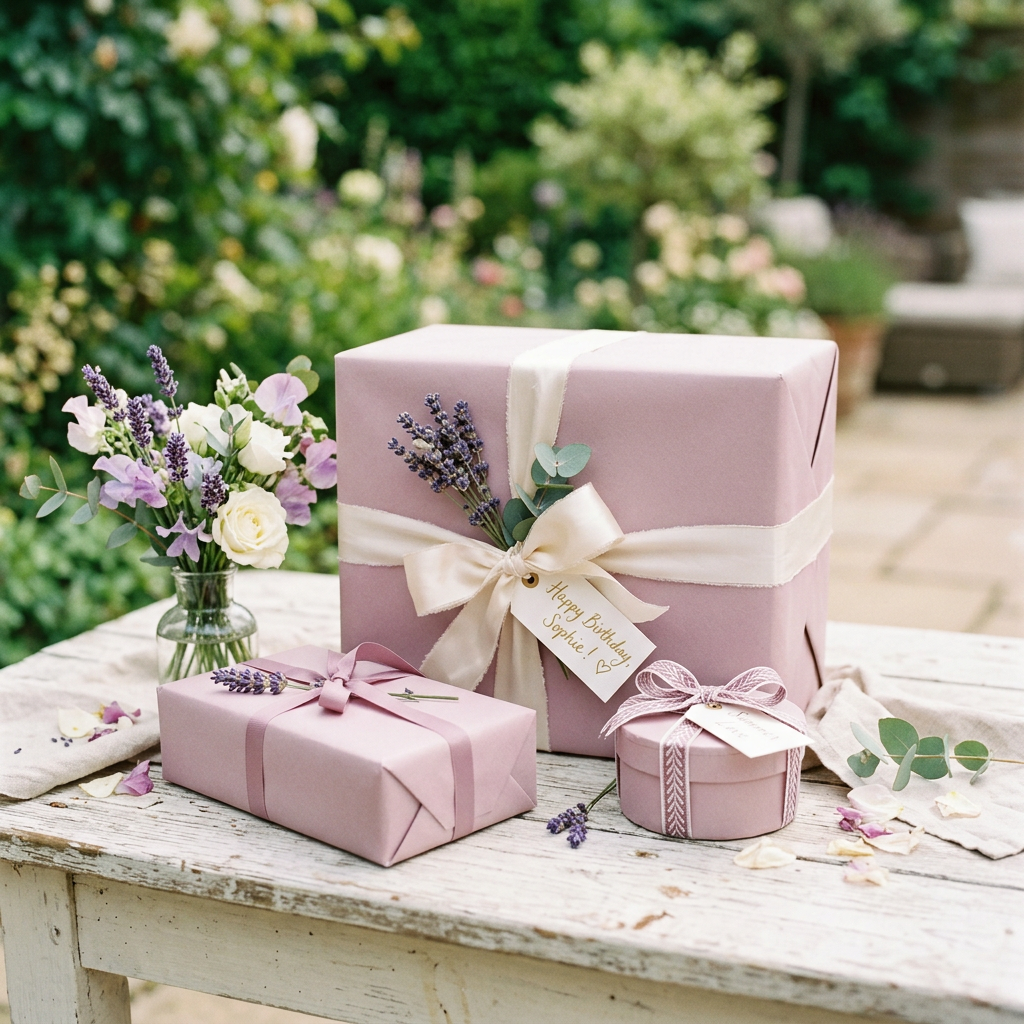 Three lavender-colored wrapped gifts with ribbon and lavender sprigs on a rustic table