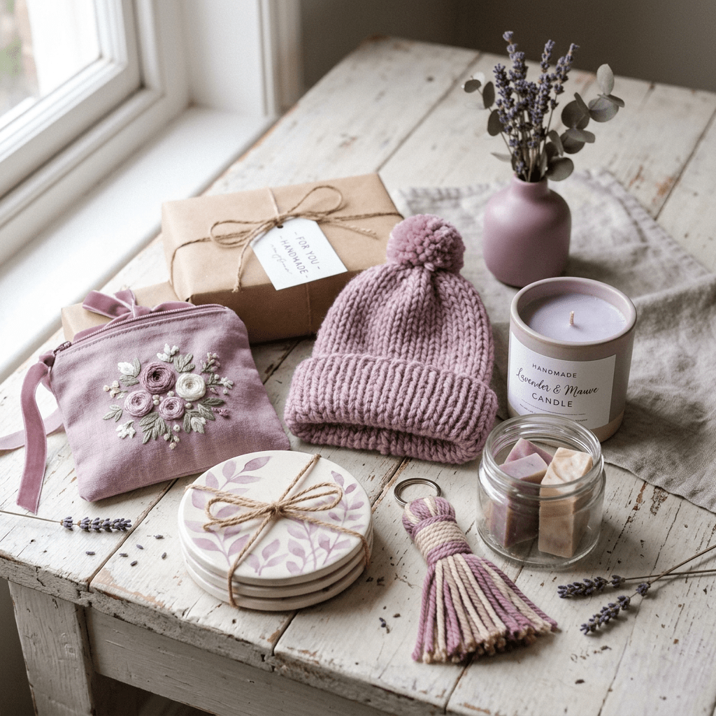 Handmade lavender and mauve gifts including knitted hat, candle, embroidered pouch, coasters, and a tassel keychain