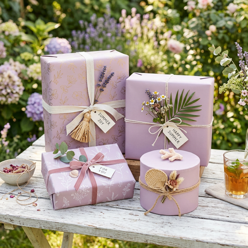 Pastel purple wrapped gifts with tags reading 'Summer Joy,' 'Happy Summer,' and 'For You,' decorated with flowers and greenery