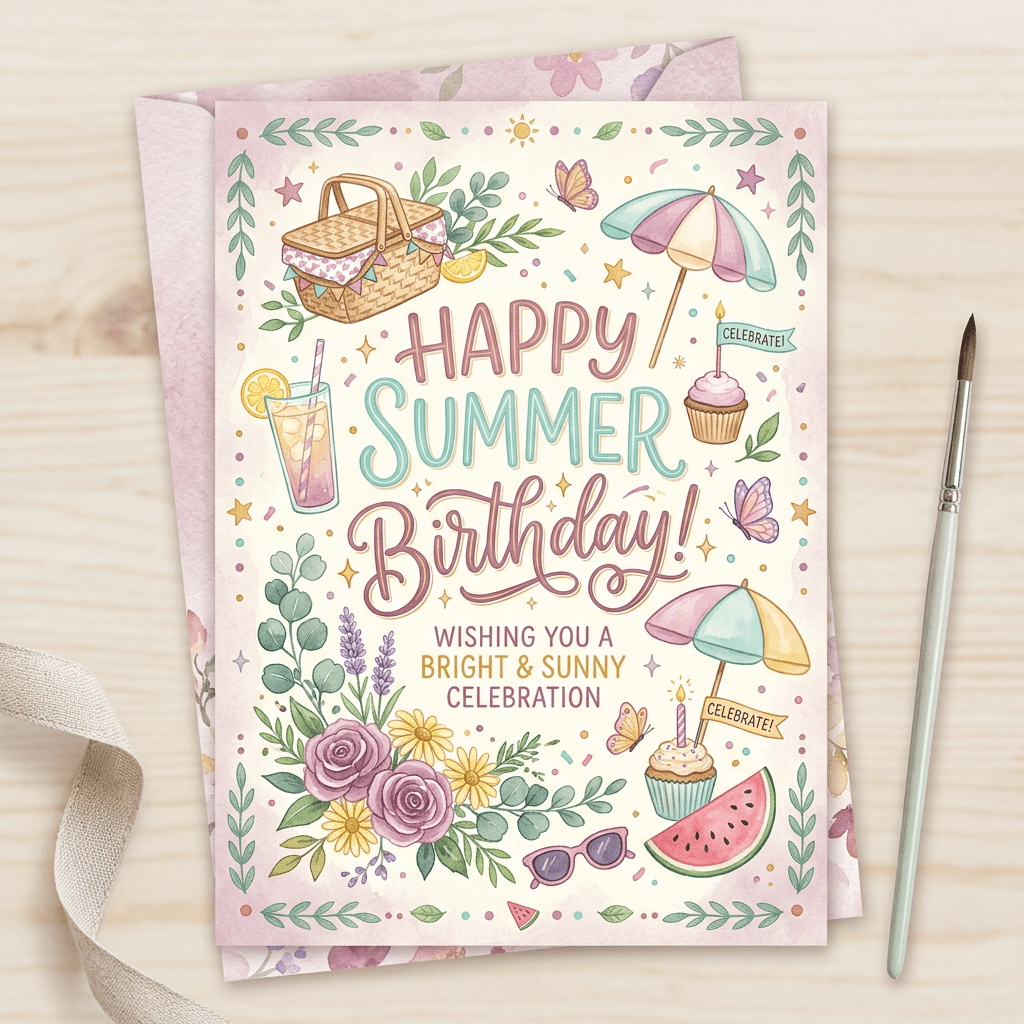 Birthday card with 'Happy Summer Birthday! Wishing you a bright & sunny celebration' surrounded by picnic basket, drink, flowers, butterflies, cupcakes, umbrellas, watermelon, and sunglasses