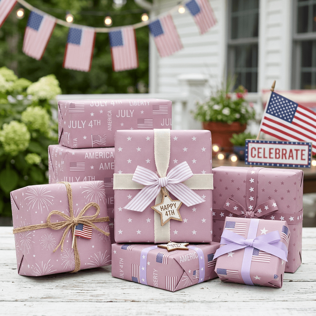 Wrapped gifts with Fourth of July designs and American flags