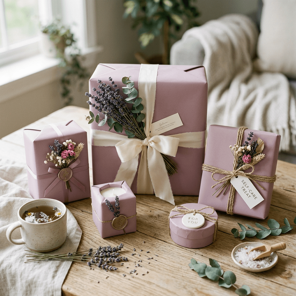 Collection of mauve wrapped gifts decorated with dried lavender and flowers on wooden table