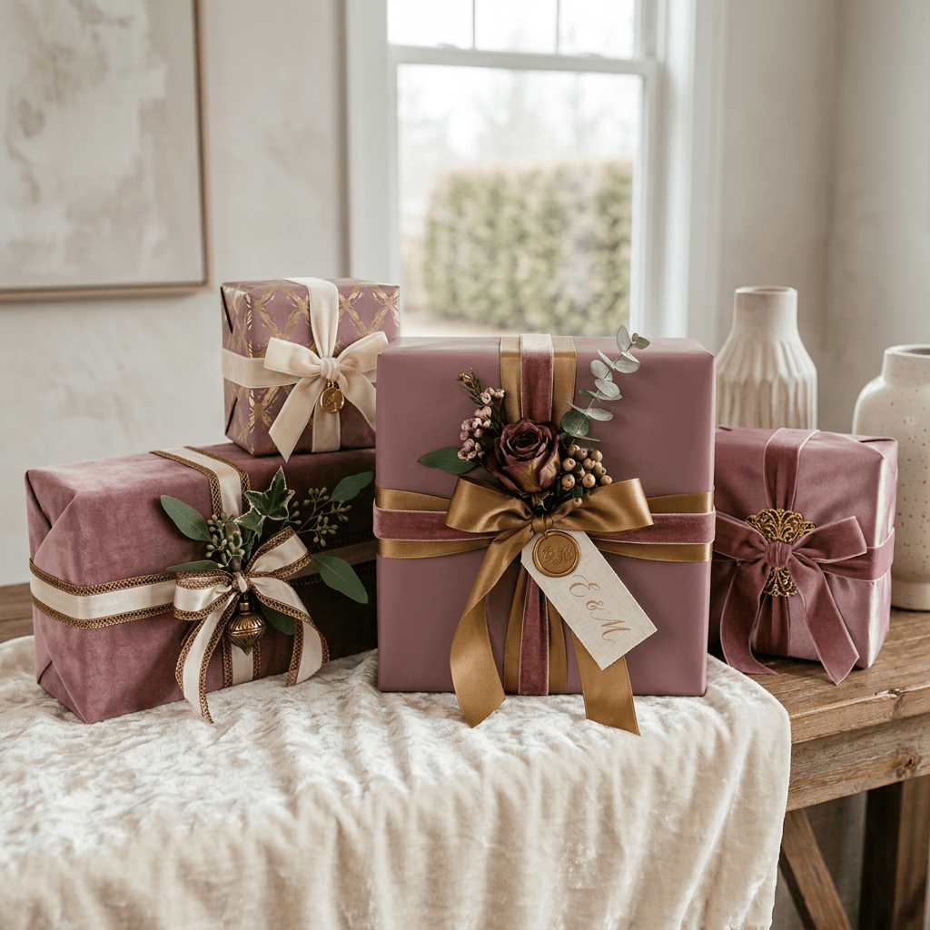 Stack of mauve and gold wrapped presents with decorative ribbons in a living room with Christmas tree and fireplace