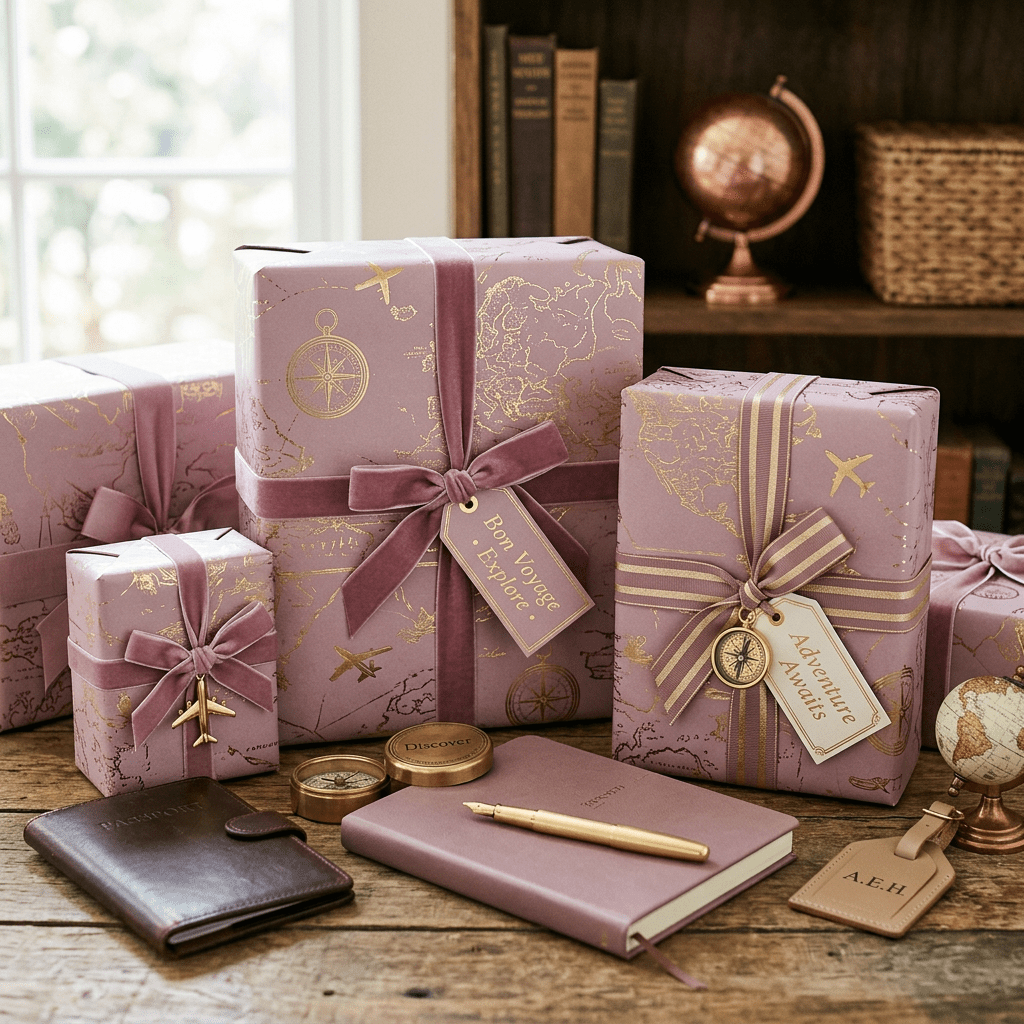 Various gift boxes wrapped in mauve paper with gold travel motifs and ribbons