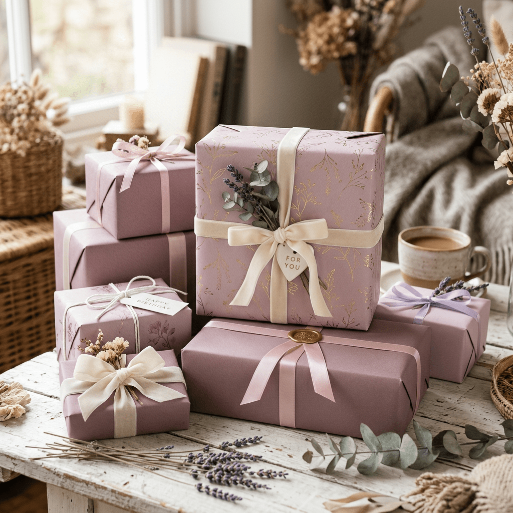 Lavender and purple wrapped gifts decorated with ribbons and dried flowers on a rustic white table