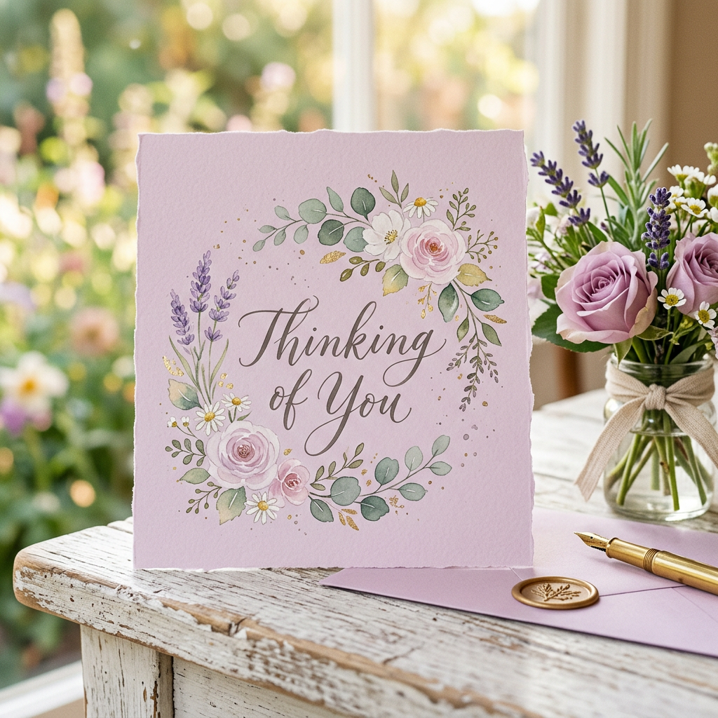 Greeting card with text 'Thinking of You' surrounded by watercolor flowers and leaves