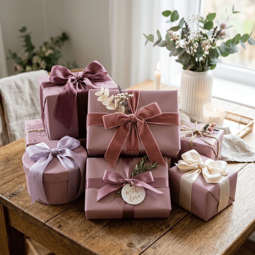 Pastel-colored gift boxes with velvet and satin ribbons on wooden table