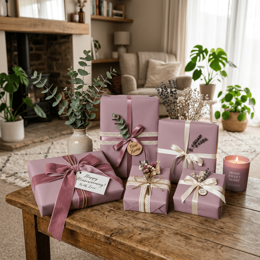 Housewarming gifts wrapped in mauve paper with ribbons and dried flowers on a wooden table